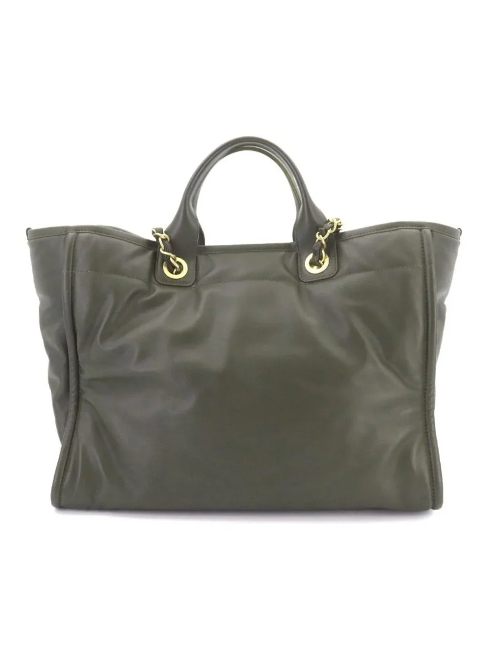 Chanel Deauville GM 2-Way Tote Chain Shoulder Bag Leather Khaki